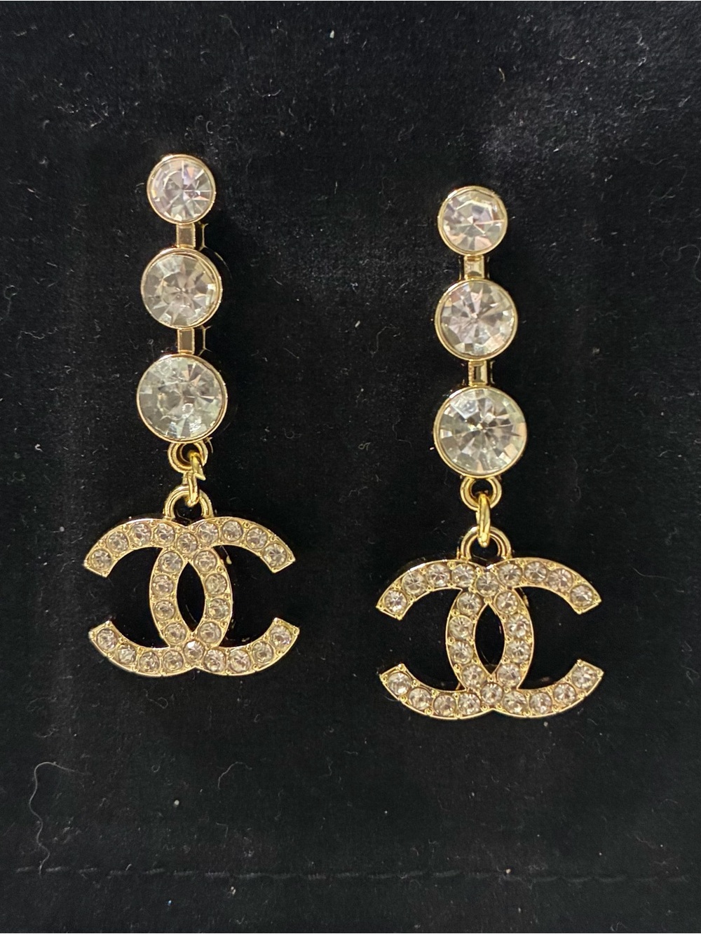Double C Gold- Tone Strass Crystal Embellished Logo Dangle Earrings